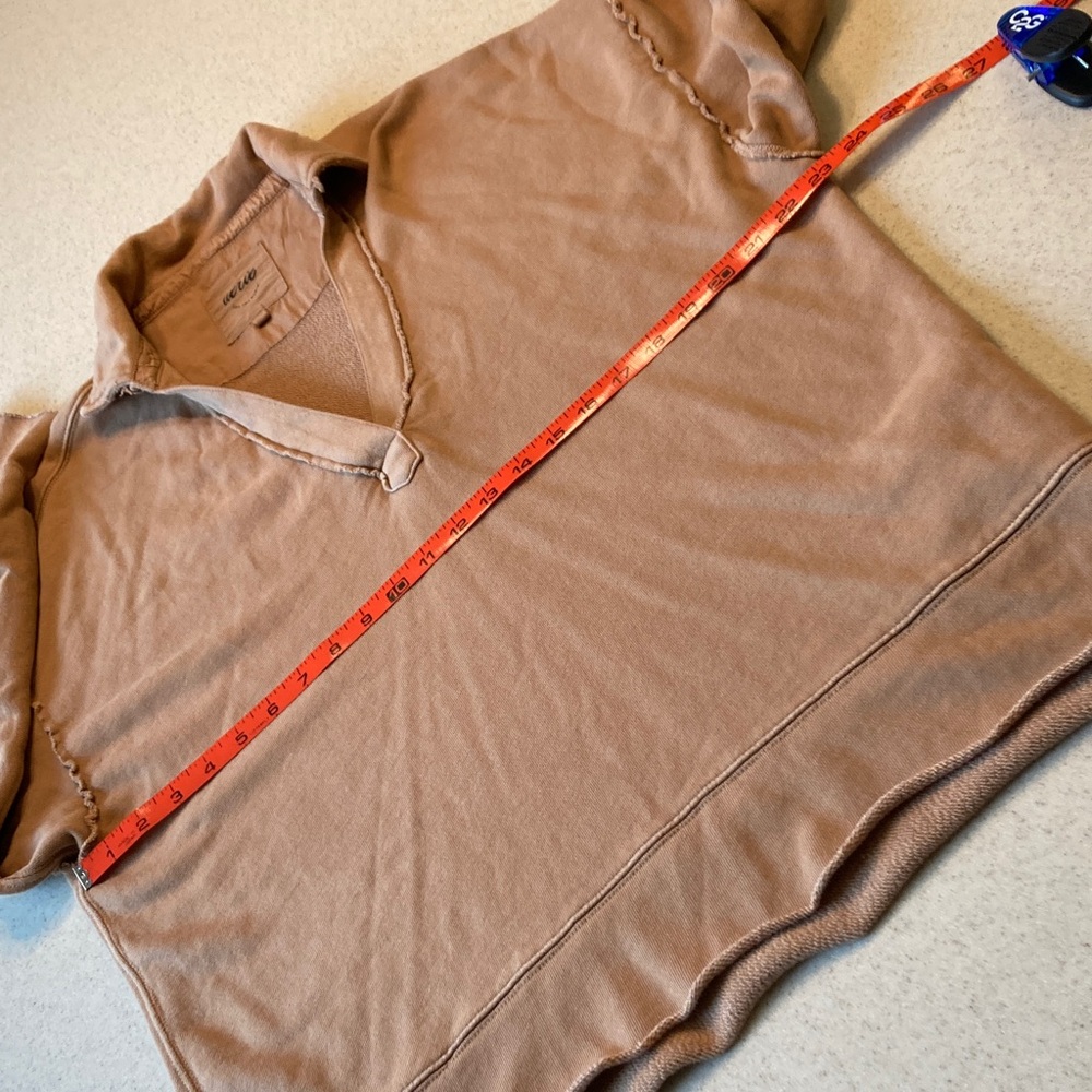 Aerie Distressed Oversized Popover Collared V-neck Tan Sweatshirt Women Size S - Picture 6 of 11